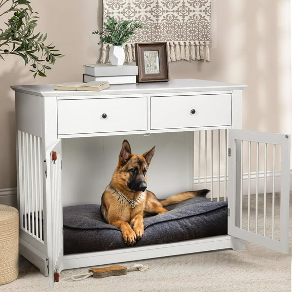LEMBERI 44 Inch Large Dog Crate Furniture, Wooden Dog Kennel End Table with Storage Drawers, Decorative Pet Cage Dog House Indoor for Dogs