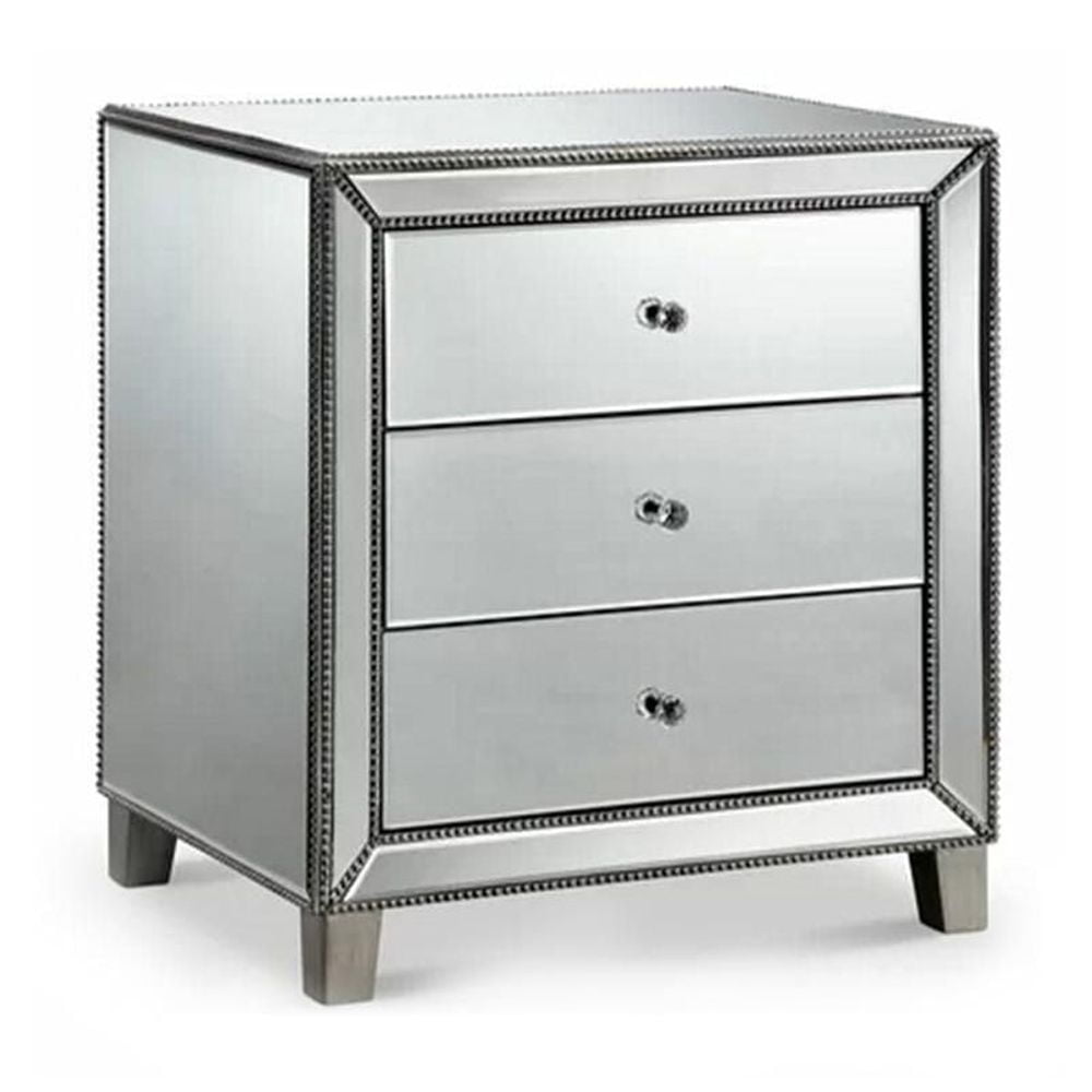 Tuke Mirrored Nightstand, Mirrored Nightstand, Bedroom Nightstand, MDF Nightstand, Mirrored Bedside Table, Silver Nightstand, Three Drawer Nightstand with Clear Knobs