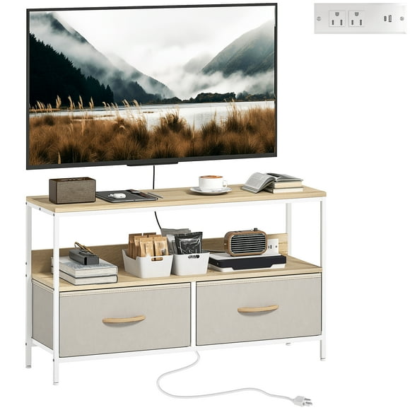 HOMCOM Meuble Télé avec Station de Recharge, Table Télé avec Rangement, Chêne