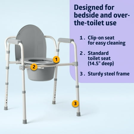 Medline 3-in-1 Steel Folding Bedside Commode, Removable Bucket & Seat, 16-22" Height Adjustable