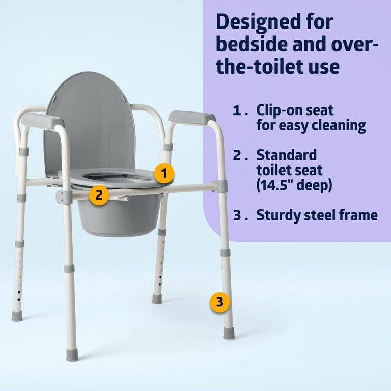 Medline 3 in 1 Steel Folding Bedside Commode Removable Bucket Seat Gray