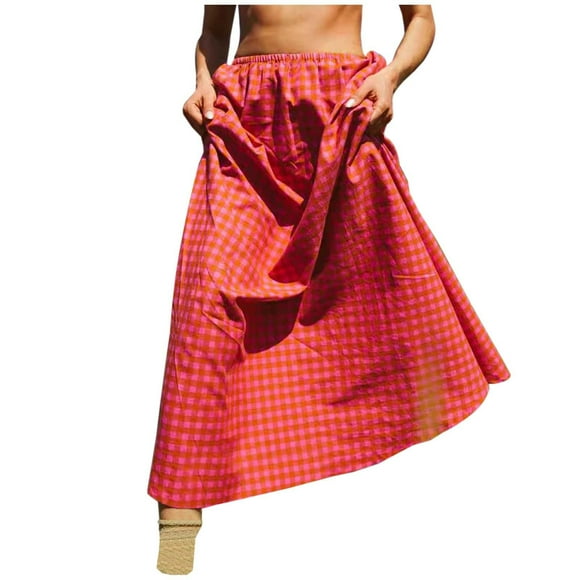 TSADFHJI Satin Skirt Maxi Spring Summer Fashion Skirt for Women Elegant Printed A Line Midi Female Attirert S Red