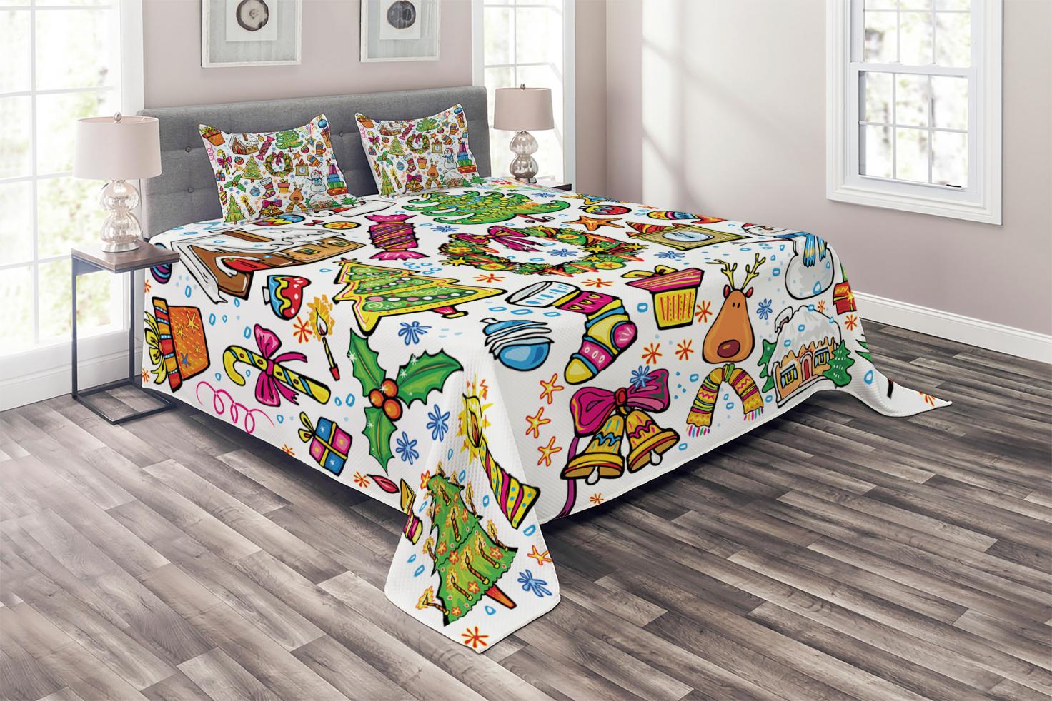 Christmas Coverlet Set Queen Size, Cute Xmas Elements with Candies