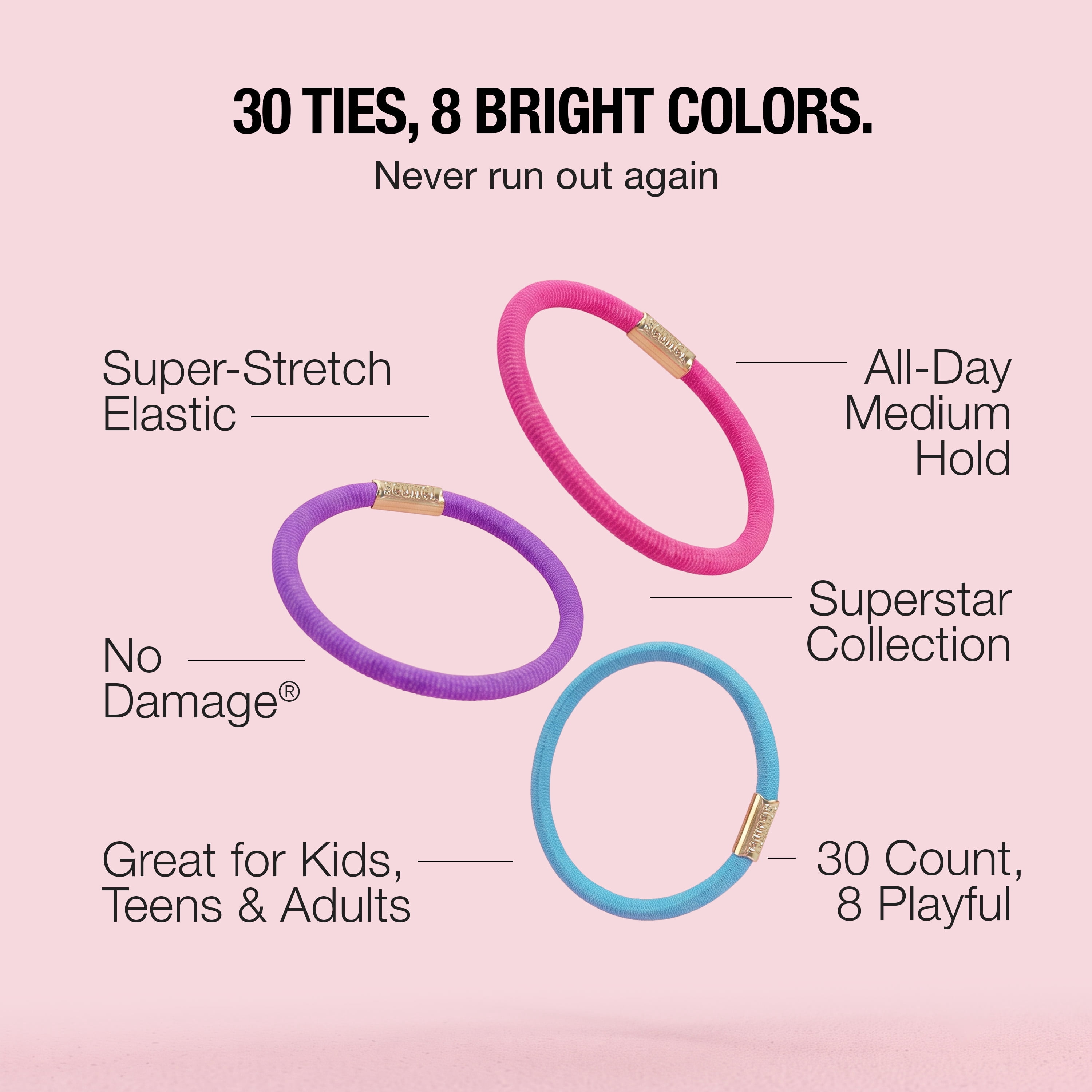 Scunci No Damage Hair Ties, Multicolor, 30 Count Ponytail Holders