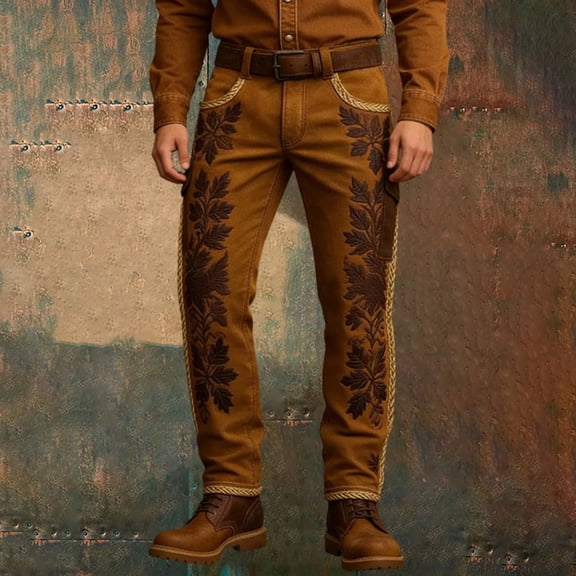 Western Cowboy Cargo Pants for Men Vintage Punk Style Outdoor Casual Work Long Trousers Spring Coffee L