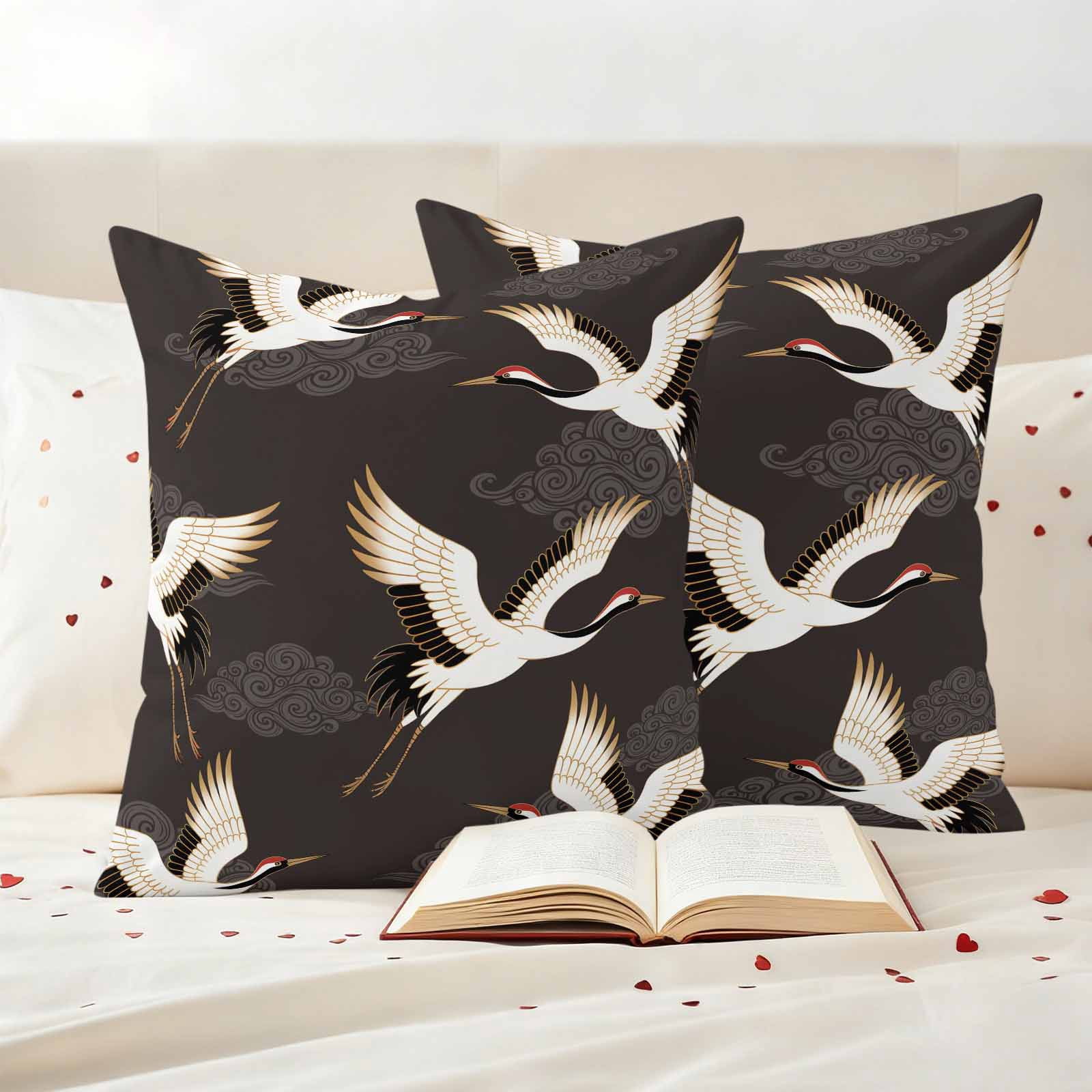 White Crane Outdoor Waterproof Throw Pillow Covers 16x16 Set of 2, Vintage Chinese Auspicious Cloud Art Brown Decorative Pillowcases Cushion Pillowcase for Couch Sofa Patio Outside Pillow Protector