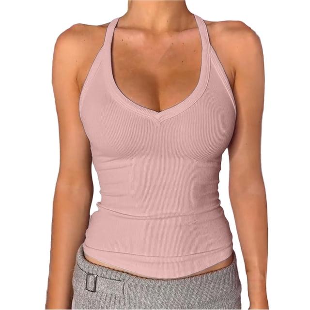 DondPO Womens Tank Tops,Lady V Neck Racer Back Tank Top For Women Padded Ribbed Long Tank Fitted Basic Tops,Halter Tops for Women,Womens Loose Tank Tops Clearance! Pink M Clearance!