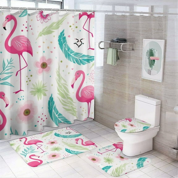 Tropical Flamingo Pattern Shower Curtain Sets Non-Slip Rugs Bath Mat Toilet Cover U Shaped Mat 4 Pcs