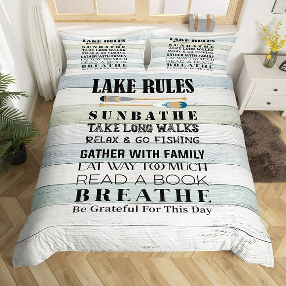 Lake Rules Comforter Cover The Lake House Decor for The Home,Rustic Farmhouse Cabin Lodge Wooden Plank Duvet Cover Twin Lake Life Decor for Adults Women,Lake Paddle Boat Bedding Set Lake Decor