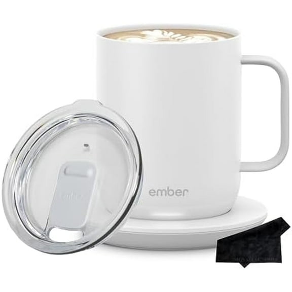 Ember Temperature Control Smart Mug 2, 14oz White, App Controlled Heated Coffee Cup, Double Your Battery Life When You Pair Ember Mug with an Ember Sliding Lid, Signature Series Cloth