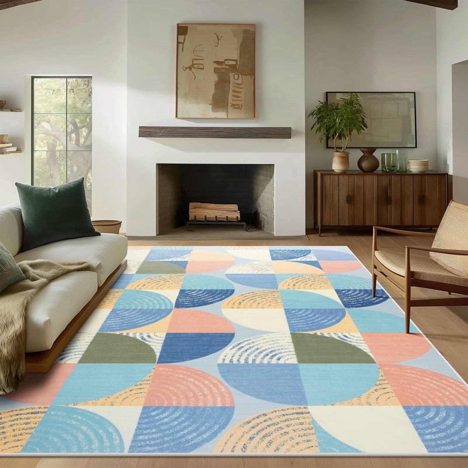 Jamfeel 6x9 Area Rugs for Living Room Abstract Low Pile Washable Rug Vintage Rugs for Bedroom Home Decor, Blue