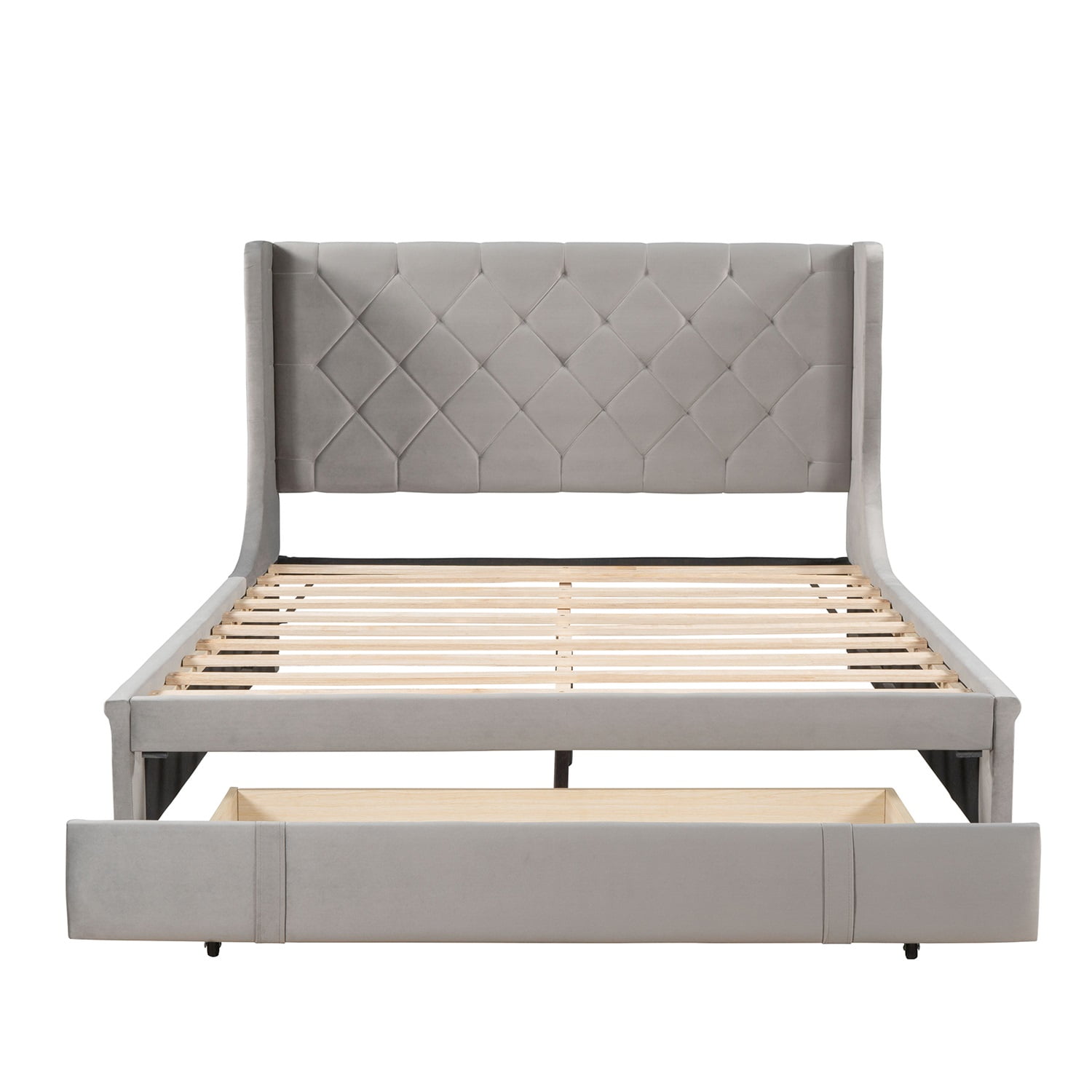 Kadyn Queen Size Storage Bed with Wingback Headboard, Velvet Upholstered Platform Bed with Big Drawer, Mattress Foundation, Wood Slat Support, Quiet, no Box Spring Needed, Gray Kadyn Queen Size Storage Bed with Wingback Headboard, Velvet Upholstered Platform Bed with Big Drawer, Mattress Foundation, Wood Slat Support, Quiet, no Box Spring Needed, Gray