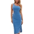 thumbnail image 1 of VISgogo Vestido a media pierna con tirantes y un solo hombro para mujer, vestido ajustado con dobladillo recortado y elástico alto de color sólido para fiesta VISgogo  moda, 1 of 9