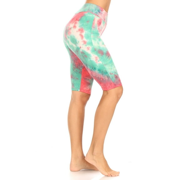 Women High Waist Knee Length Colorful Tie Dye Shorts – Pink/GreenS/M