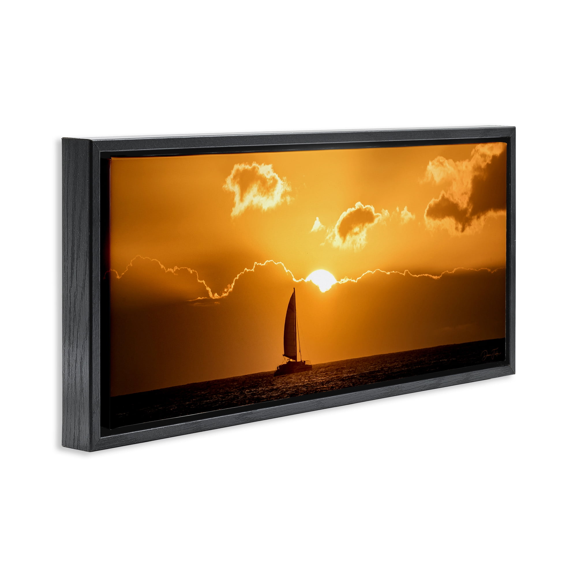 Stupell Industries Tranquil Sunset Sailboat Transportation Photography Black Floater Framed Canvas Art Print Wall Art, 25 x 11
