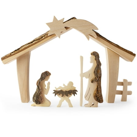 Wooden Nativity Set with Jesus Mary and Joseph - Religious Figurines Christmas Decor - Wood Nativity Scene Ornament