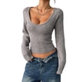 thumbnail image 2 of Women Deep V Neck Knitted Crop Sweater Top Casual Solid Slim Fit Long Sleeve Ribbed Pullover Jumper Tops Gray XL, 2 of 10