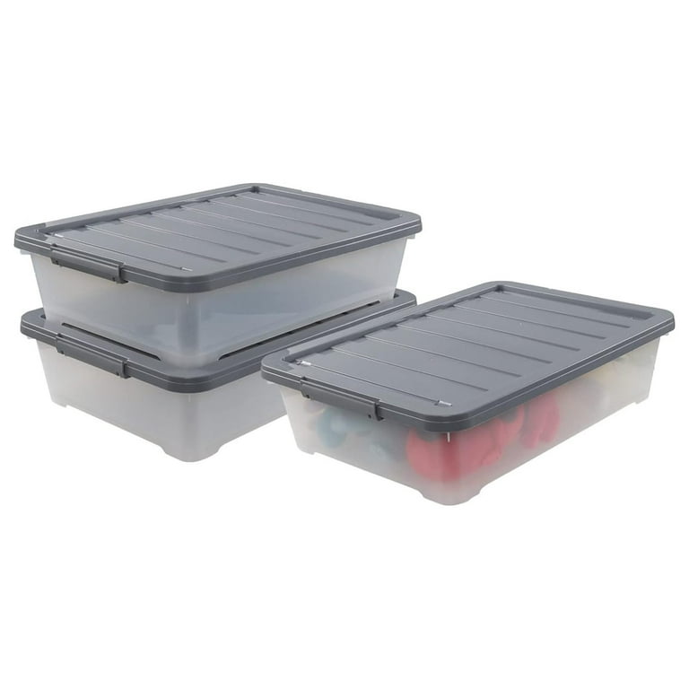 3 pack Large Plastic Under Bed Boxes with Wheels Shallow Storage Tote Bins 40 Quarts