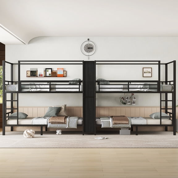 Twin size Quadruple Metal Bunk Bed,Quadruple Metal Bunk Bed with Built-in Storage Shelves & Wardrobe,Sturdy Metal Frame with Noise-reduced Design,Black