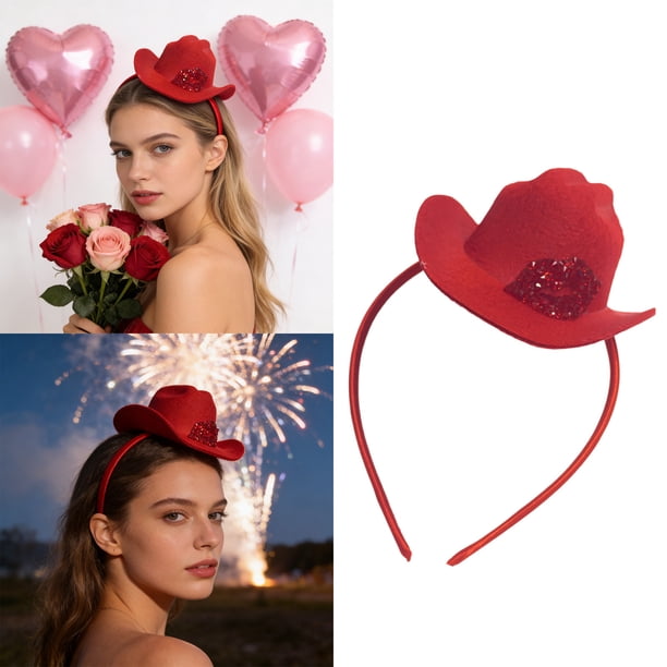 Mini sombrero de vaquero con labios rojos y diamantes de imitación Diadema de plástico