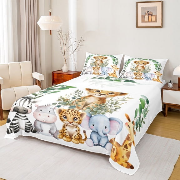 Feelyou Cute Leopard Cheetah Twin Sheet Sets for Child, Kawaii Hippo Elephant Twin Fitted Sheet, Jungle Animal Party Flat Sheet, Luxury Bedroom Decor, 3 Pieces