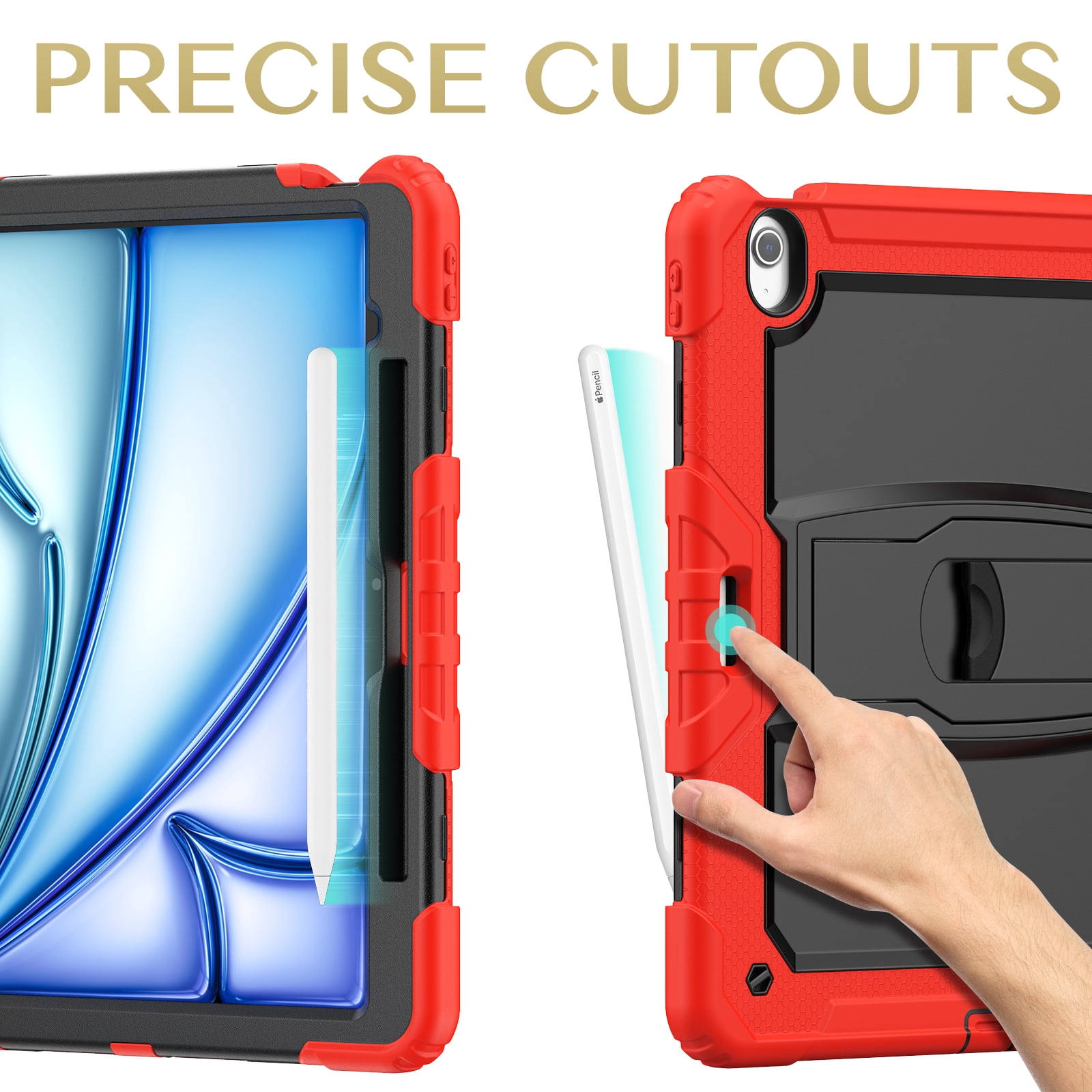Rugged Case For Apple iPad Air 13 (2024) – 3-Layer Protection Shockproof Stand Cover with Screen Protector, Adjustable Stand, Shoulder Strap, & Pencil Holder -- Red