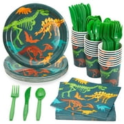 144 Piece Dinosaur Birthday Party Supplies with Fossil Design, Serves 24 Guests Disposable Plates, Cocktail Napkins, Cups, Cutlery, Three Rex Birthday Decorations, Dino Tableware Set