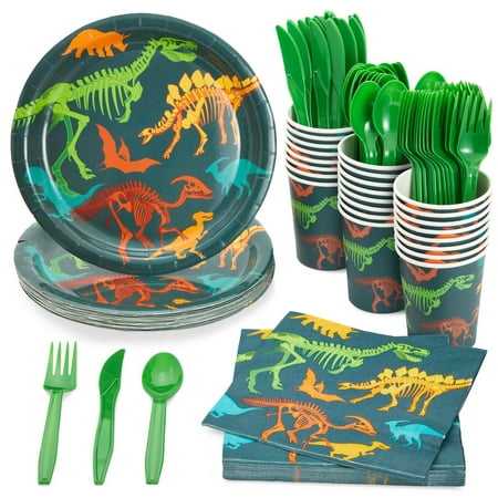 144 Piece Dinosaur Birthday Party Supplies with Fossil Design, Serves 24 Guests Disposable Plates, Cocktail Napkins, Cups, Cutlery, Three Rex Birthday Decorations, Dino Tableware Set