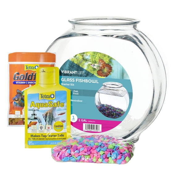 Vibrant Life 1 Gallon Glass Fish Bowl Starter Kit with Colorful Gravel, Fish Food, and Water Conditioner Samples