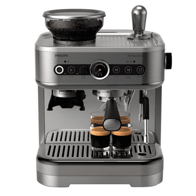 Philips semi-automatic Barista Brew espresso machine in stainless steel.