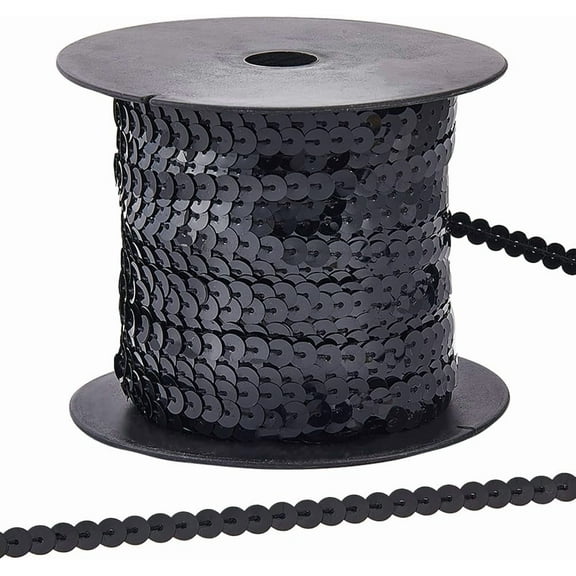 100 Yards 6MM Black Sequin Trim Flat Sequins Beaded Ribbon Trim Spangle Metallic Glitter Paillette Strip String Bulk for Sewing Making Crafts Clothes Dress Fringe DIY Supply