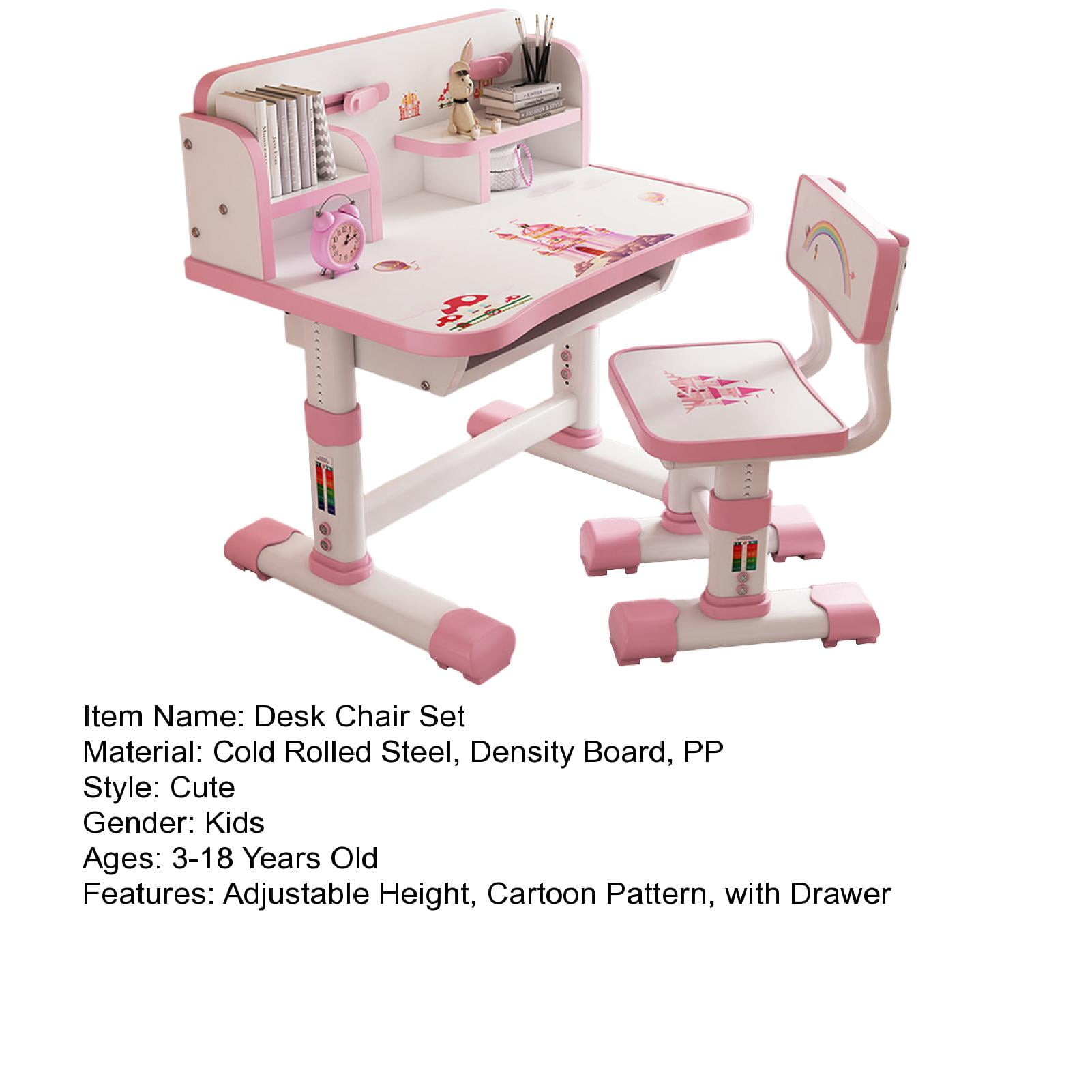 Zksm Kids Desk Chair Set, Height Adjustable Kids Table and Chair Set w/Widened Desktop, Bookstand, Storage Drawer, Children School Study Table Student Desk for Boys Girls (Pink)