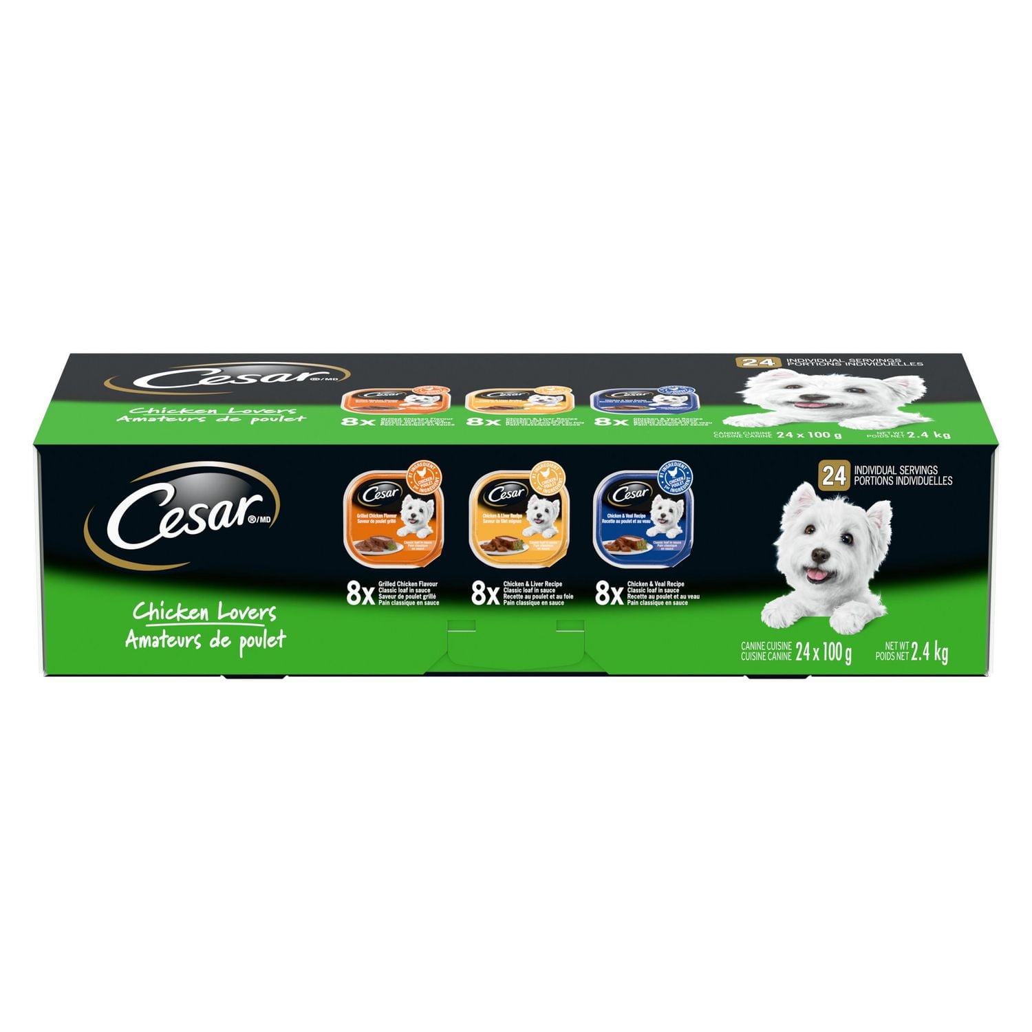 Nourriture humide pour chiens adultes CESAR pain classique en sauce en format variété Amateurs de poulet, saveur de poulet grillé, recette au poulet et au foie, recette au poulet et au veau, 24 barq