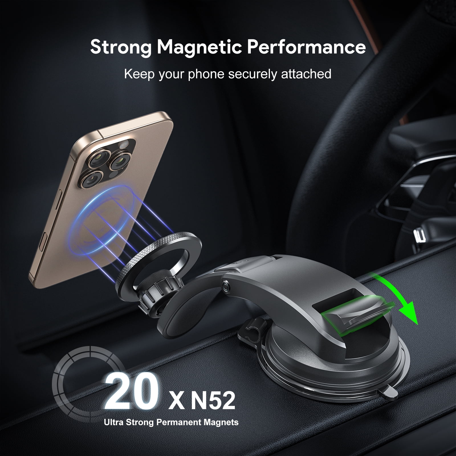 MagSafe Compatible Suction Cup Magnetic Car Dashboard Phone Mount - Black