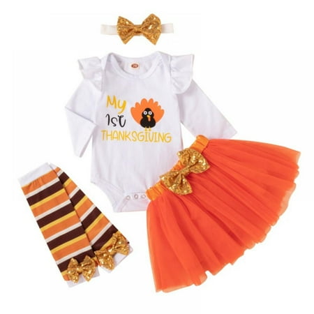 

URMAGIC 0-18M Newborn Baby Girl Clothes My 1st Thanksgiving Romper + Skirt + Legging + Headband 4Pcs Outfits Set