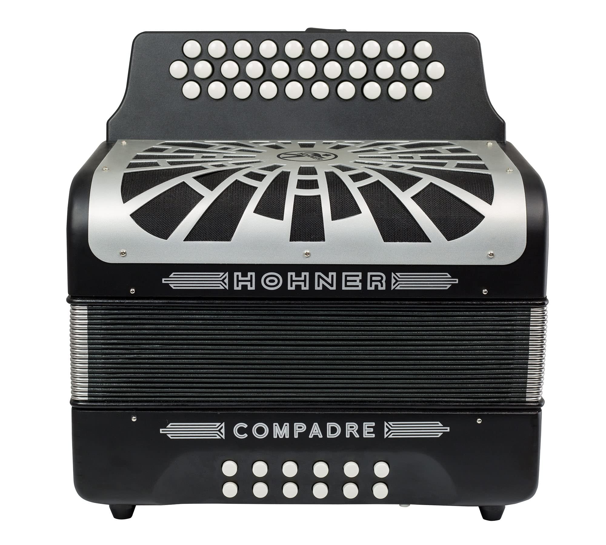 Hohner Compadre FBbEb 3-Row Diatonic Accordion - Black Bundle with Gig Bag, Hard Case, Adjustable Straps, and Austin Bazaar Polishing Cloth