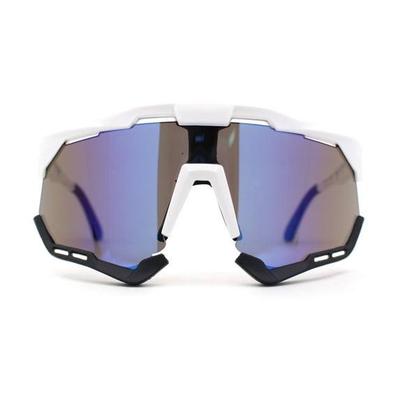 Large Coverage Mirror Lens Shield Curved Wrap Sport Sunglasses White Black - Blue Mirror