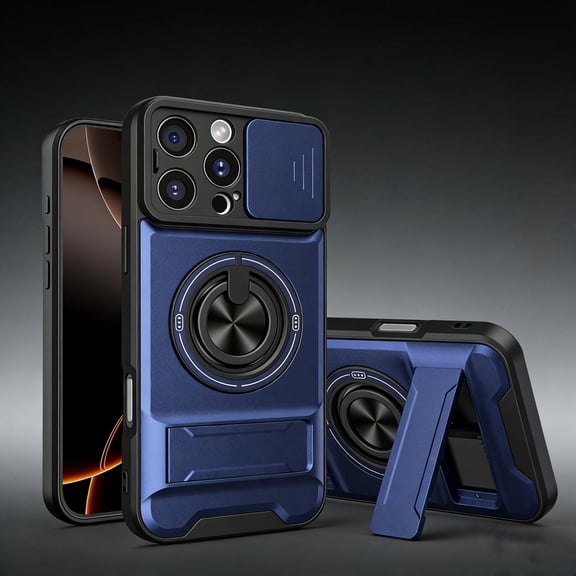 Magnetic For iPhone 13 Pro Max Phone Case,With Camera Cover,With 360°Rotatable Ring Holder,Heavy Duty Shockproof Anti-fall Drop Protection,With Contractile Kickstand,Durable Phone Case,Blue