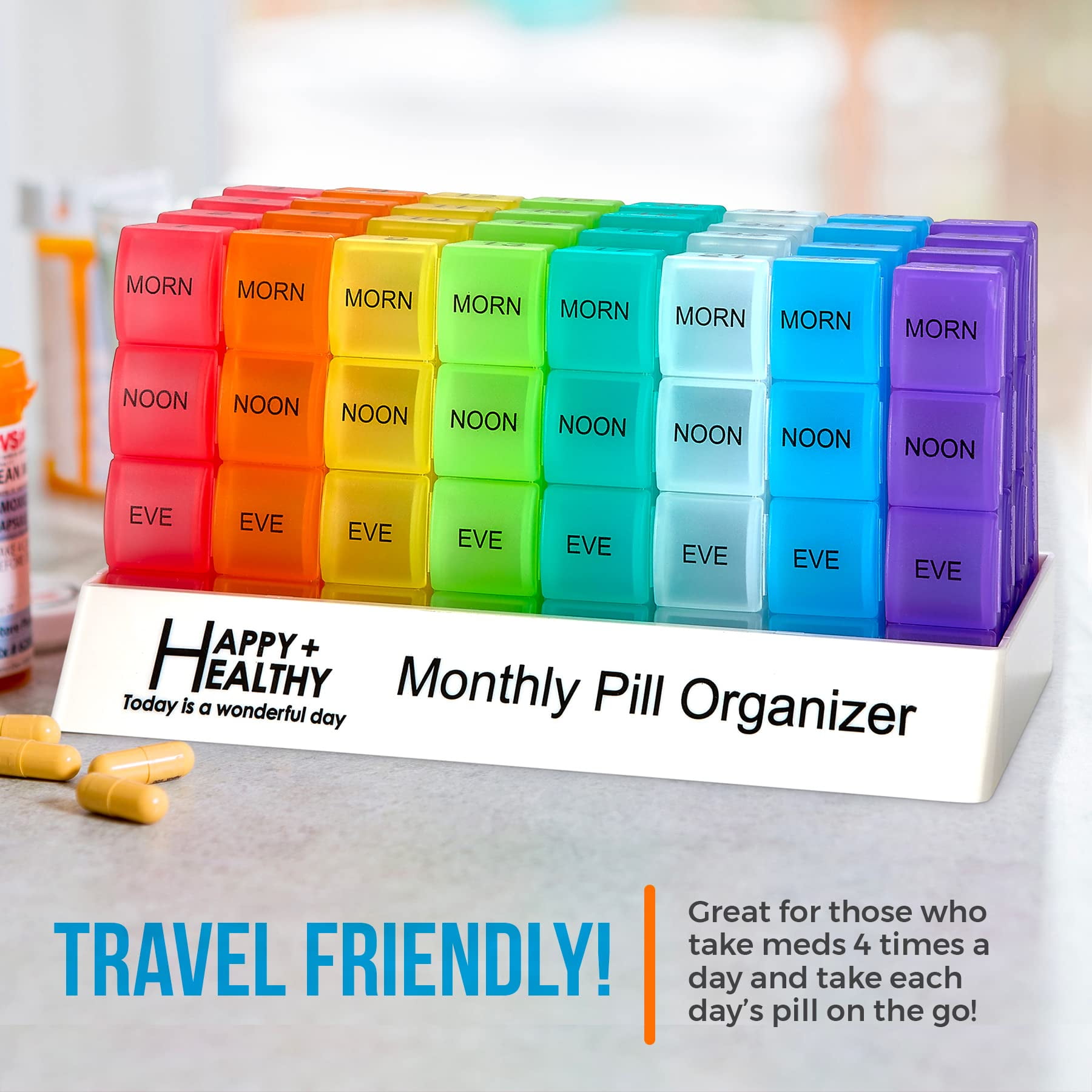 MEDca Monthly Pill Organizer - 32 Daily Cases, 4 Times a Day, Rainbow