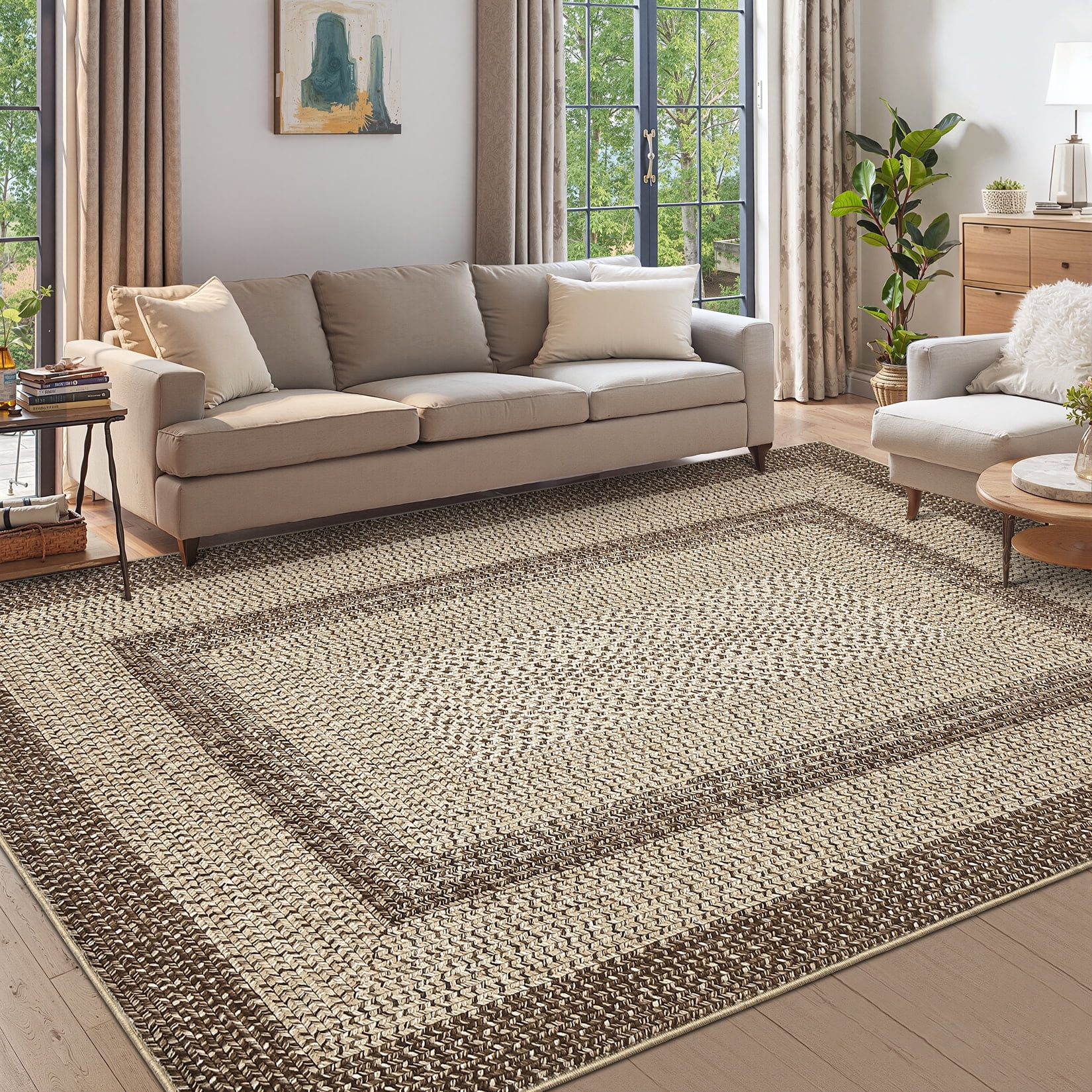 Garvee 8'x10' Printed Braided Rugs Farmhouse Bordered Carpet, Machine Washable Indoor Area Rug Non-Slip Low Pile Rugs for Living Room Bedroom Home Decor, Natural