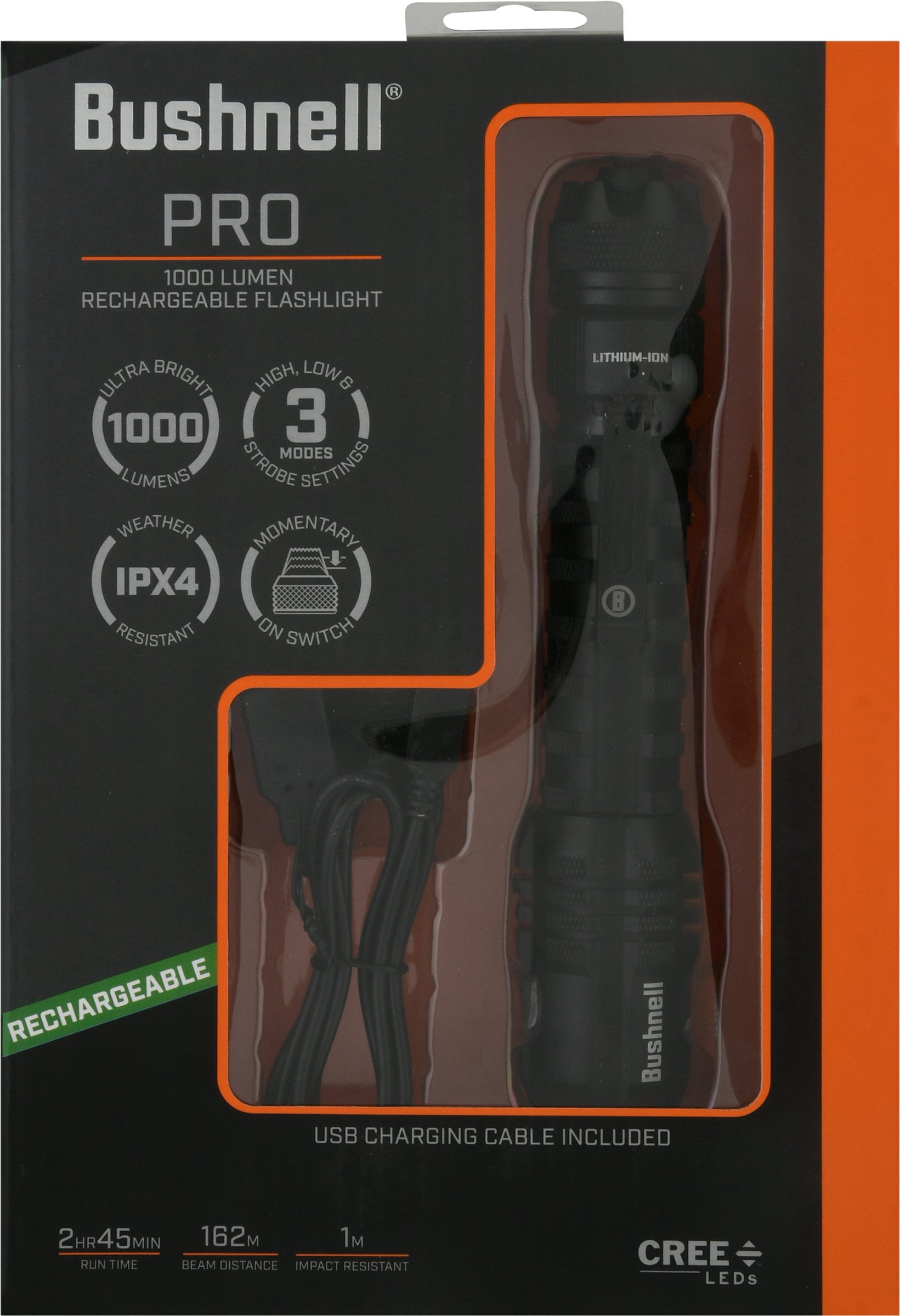 bushnell pro 1000 lumen rechargeable flashlight 50009 1000L Tools & Home Improvement The Bushnell pro 1000 Lumen rechargeable flashlight takes Bushnells line of tactical flashlights to the next level Bushnell PRO 1000L Rechargeable Flashlight