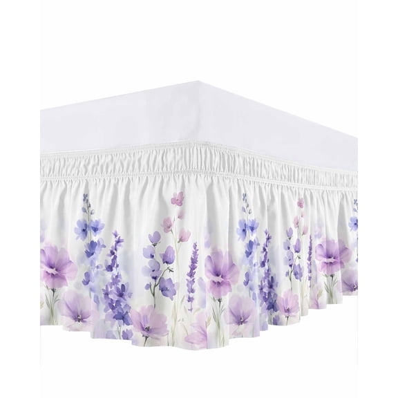 Spring Flower Ruffle Bed Skirt Queen Size Idyllic Purple Lavender Adjustable Elastic Dust Bed Skirts Wrap Around Bedskirt Wrinkle Free Easy Fit with 18 Inch Drop