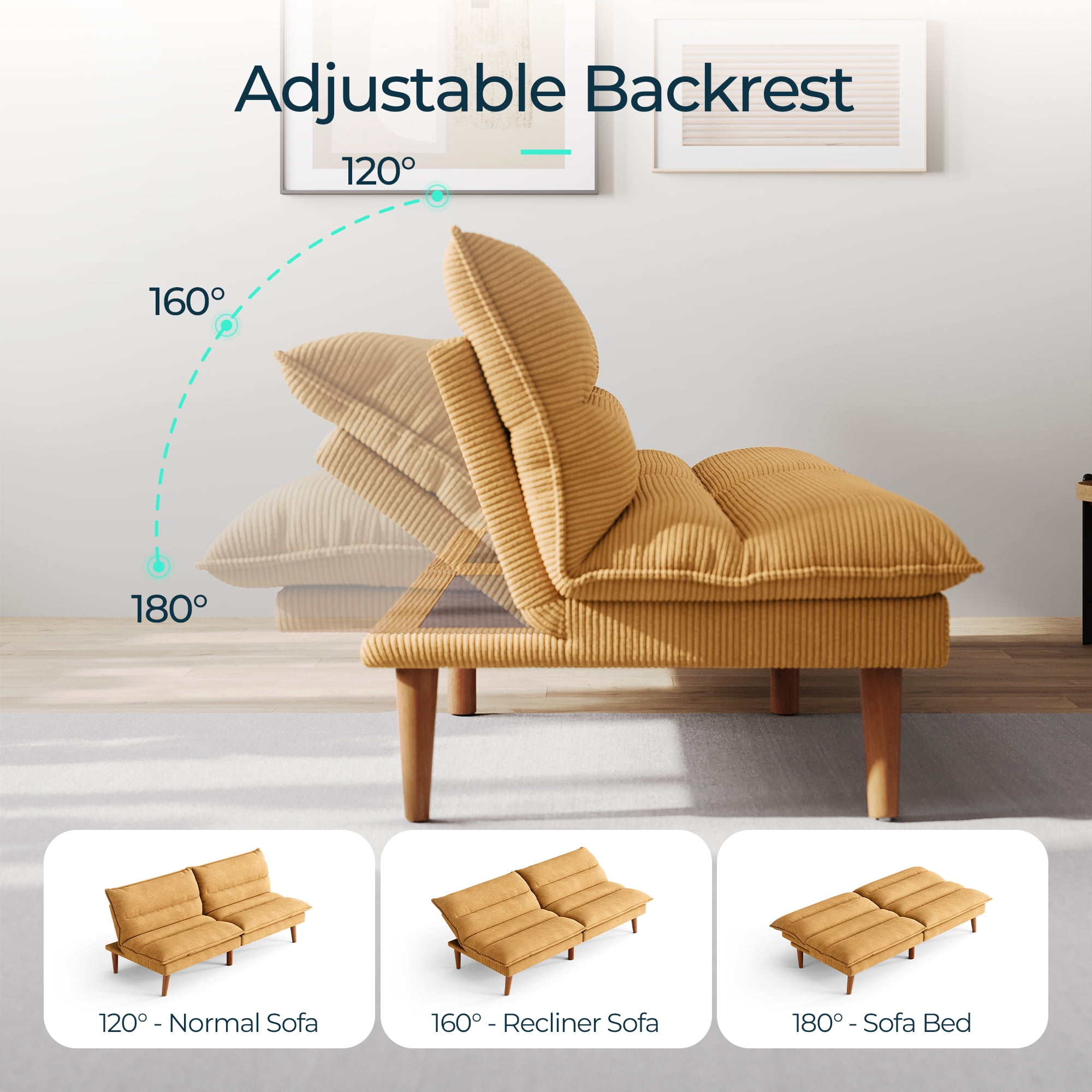 LINSY HOME Convertible Futon Sofa Bed, Convertiable Sofa Bed,  Corduroy Material Yellow