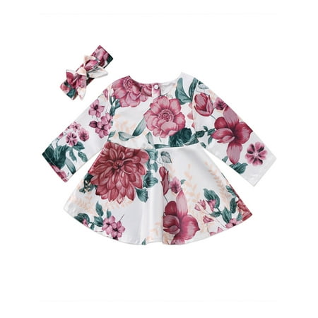 

Bebiullo Toddler Baby Girl Long Sleeves Big Floral Print Button Design Expansion Skirt Party Dress + Floral Print Headband