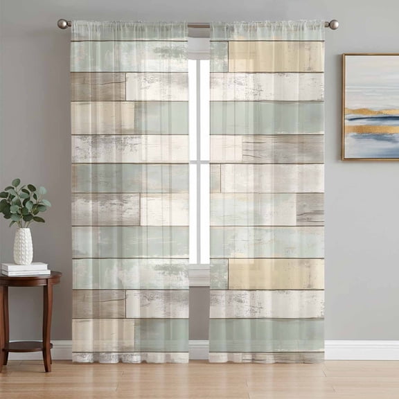 Beige Light Green Sheer Curtains 84 Inch Length 2 Panels Set, Farmhouse Wooden Striped Voile Window Treatment Rod Pocket Curtains Sheers Drapes for Bedroom/Living Room/Kitchen 52"x84"x2