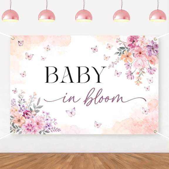 6x4FT Baby in Bloom Backdrop Pink Purple Spring Floral Butterfly Photography Background Wildflower Baby Shower Party Decorations Banner Supplies Photo Booth Props
