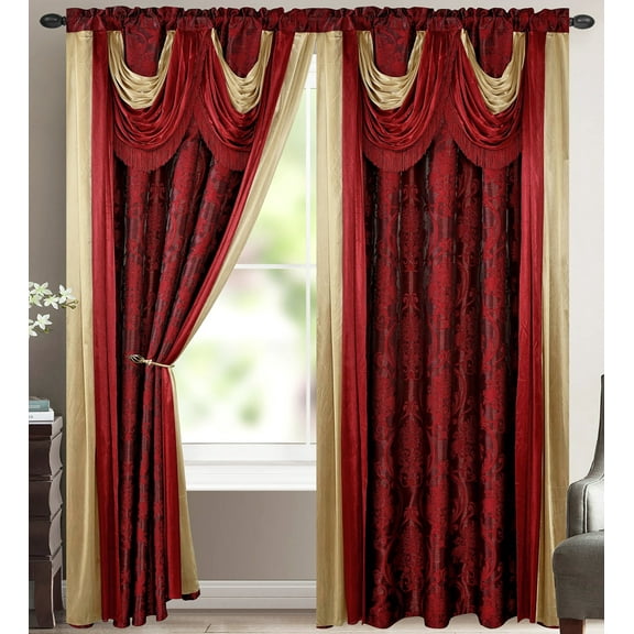 Bella Luxury Jacquard Curtain Panel with Attached Waterfall Valance & Scarf 54 by 84-Inch Burgundy
