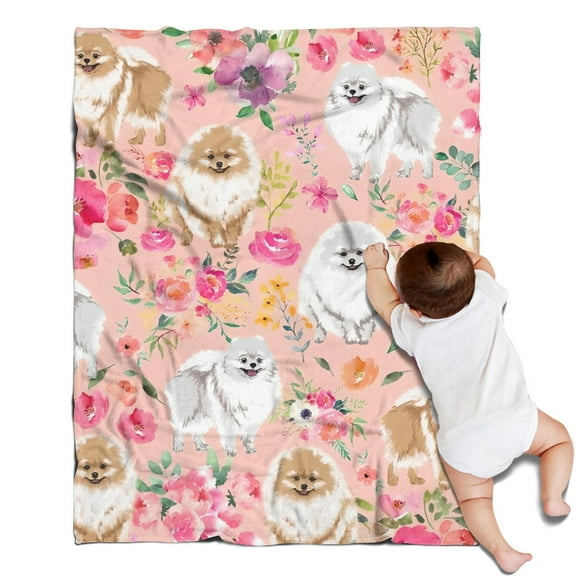 Pomeranian Dogs and Flowers Blanket,Comfortable Soft Flannel Throw Blanket,All Season,Warm Lightweight Blankets for Sofa Bed Couch Living Room Chair,30"x40"(80x100cm)