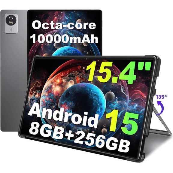 Golzer Android 15 Tablet, 15.4" Large Tablet 8GB RAM 256GB ROM, 8-Core MTK G99, 1080P IPS FHD Display, 10000mAh Battery, 5 13MP Dual Camera, Wifi 5, BT 5.0, with Screen Protector, Stand