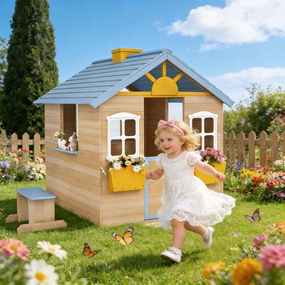 Kids Outdoor Toys, Kids Outdoor Wooden Playhouse, Blue,Natural,White,Yellow Outdoor Play Equipment,Polypropylene,Wood Outdoor Sports Toys, Toys Outdoor Sports